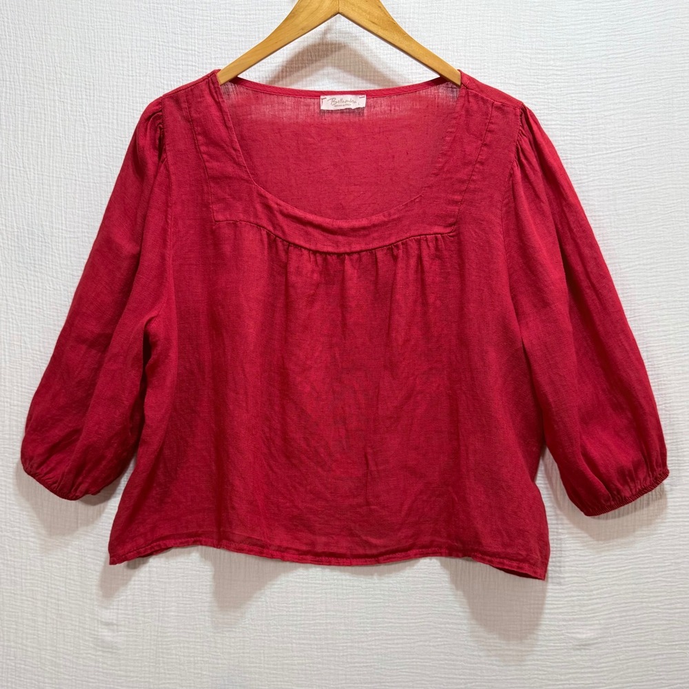 Bellambra Linen Top Womens Size L Red Made in Italy Square Neck Boho Minimalist